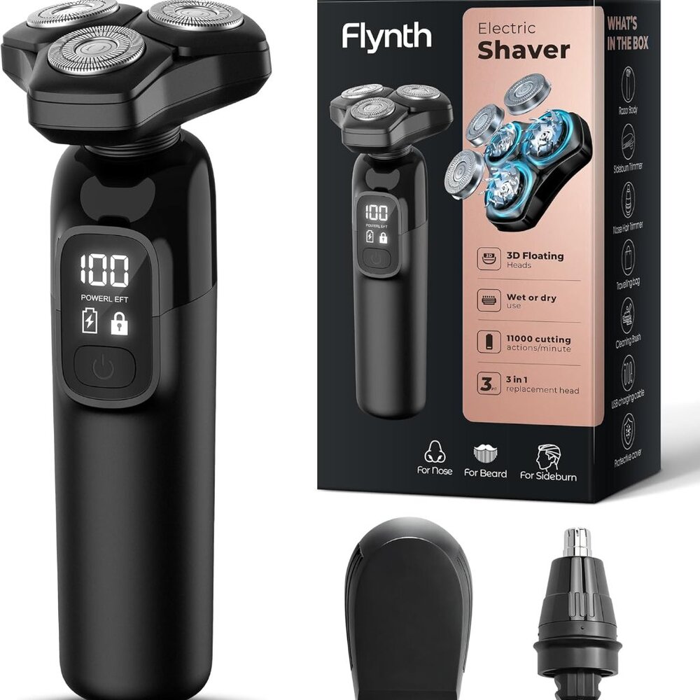 Electric Razor for Men Flynth 3-in-1 Cordless Shaver 3-Blade Rotary